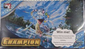 Pokemon playmat featuring Lapras in the crystal crown with the word champion across the bottom left and Play pokemon logo in the upper left corner